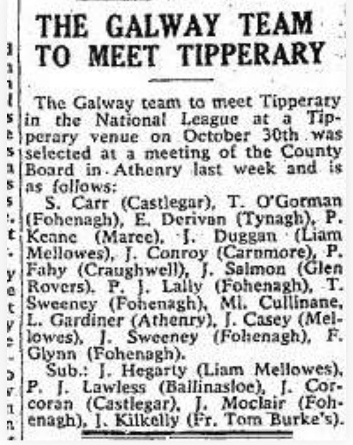 The Galway team to meet Tipperary (1960): six Fohenagh men picked