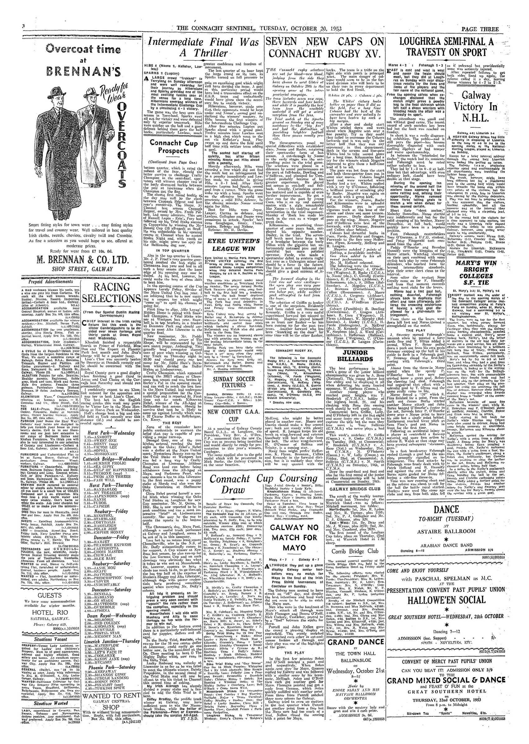Newspaper page: Connacht Sentinel 20 Oct 1953: Maree 4-2, Fohenagh 2-3: the 'travesty' at Loughrea