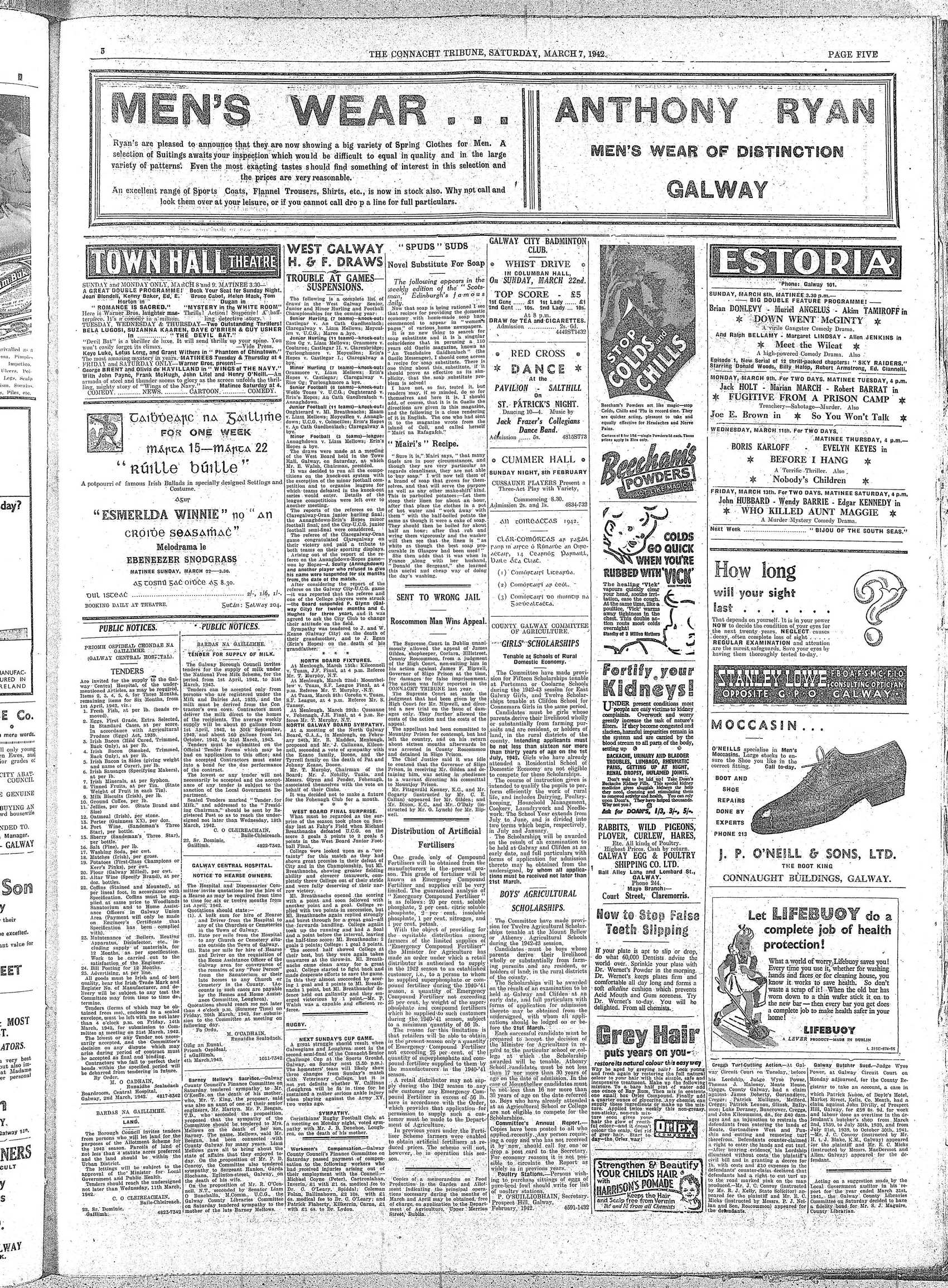 Newspaper page: Connacht Tribune 7 Mar 1942: Cussaun v Fohenagh fixed for Menlough