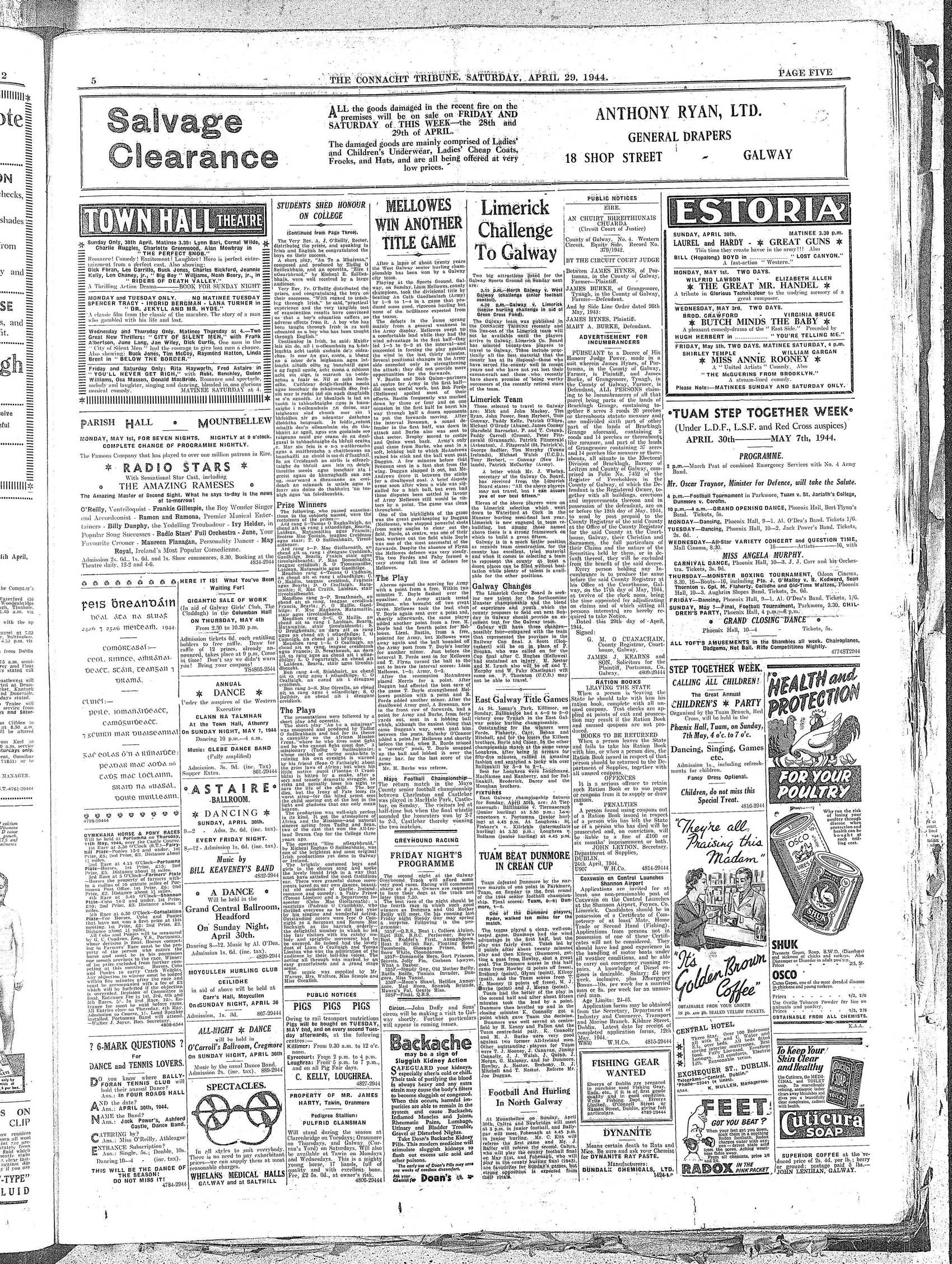 Newspaper page: Connacht Tribune 29 Apr 1944: Ballygar v Fohenagh at Mountbellew