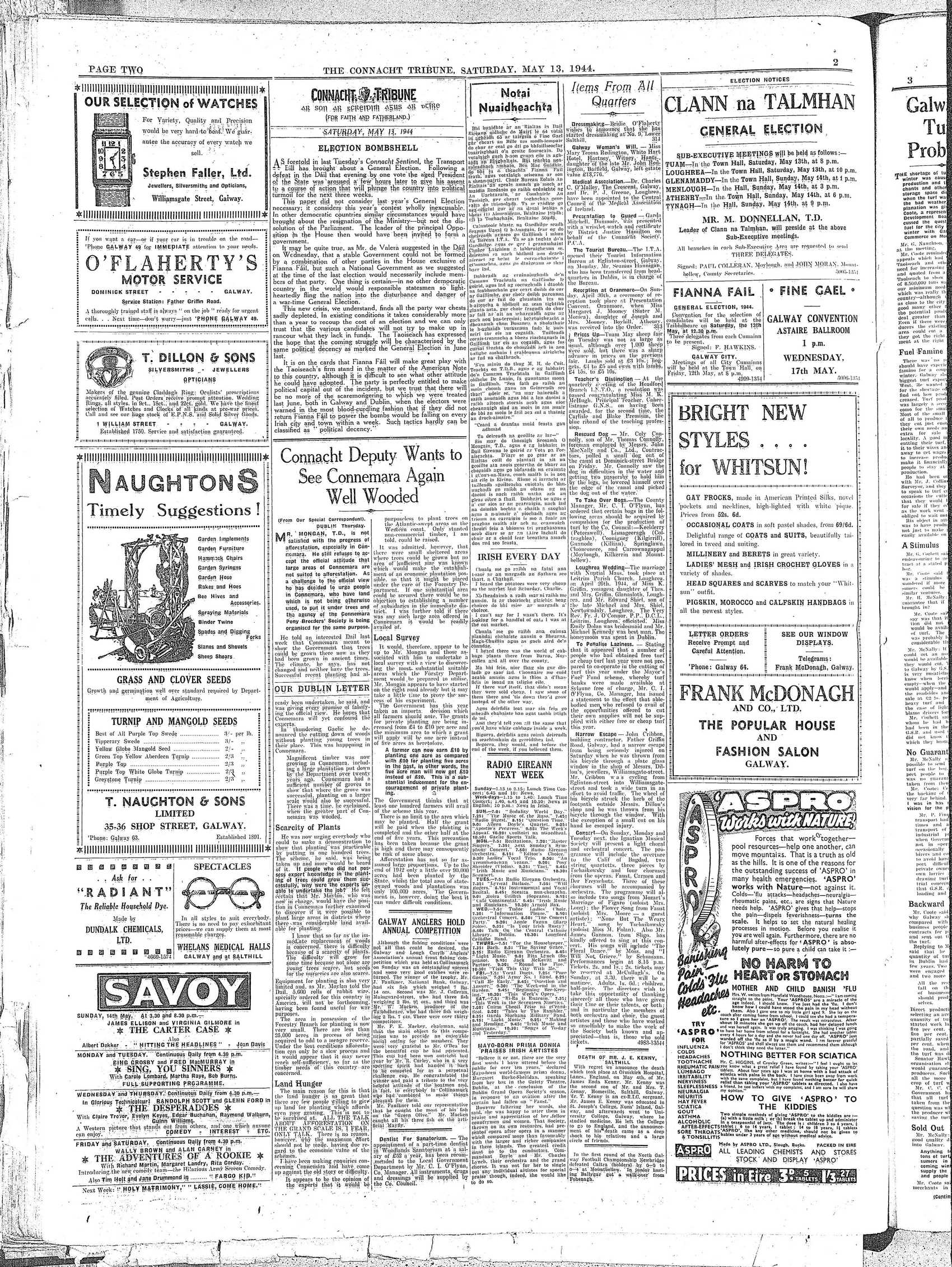 Newspaper page: Connacht Tribune 13 May 1944: Ballygar get a walk-over from Fohenagh