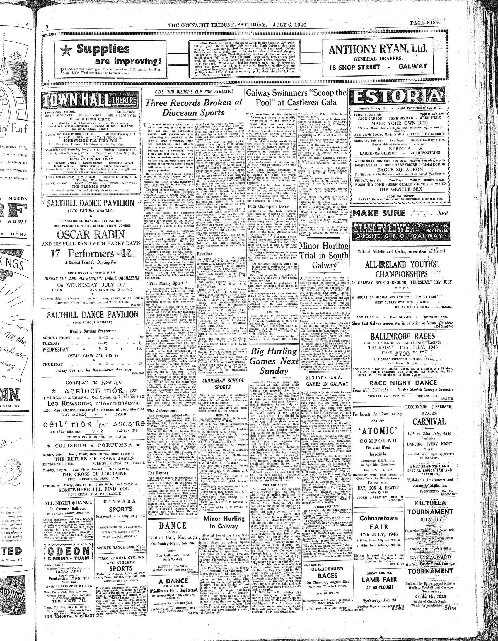 Newspaper page: Connacht Tribune 6 Jul 1946: Fohenagh v Ballymacward at Kilconnell