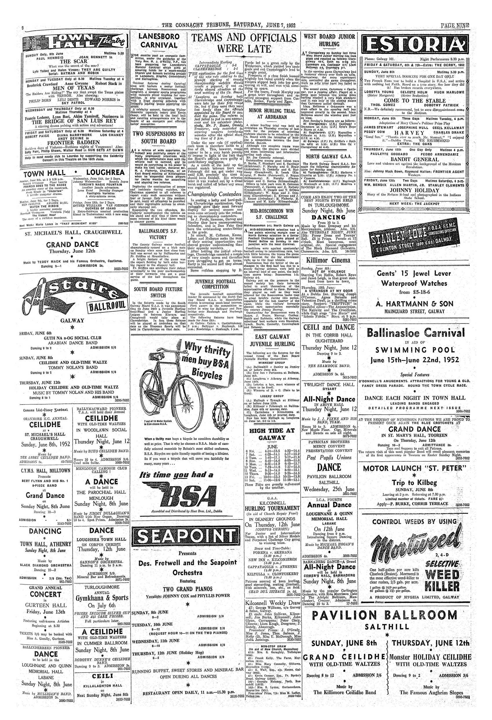 Newspaper page: Connacht Tribune 7 Jun 1952: Gort v Fohenagh washed out