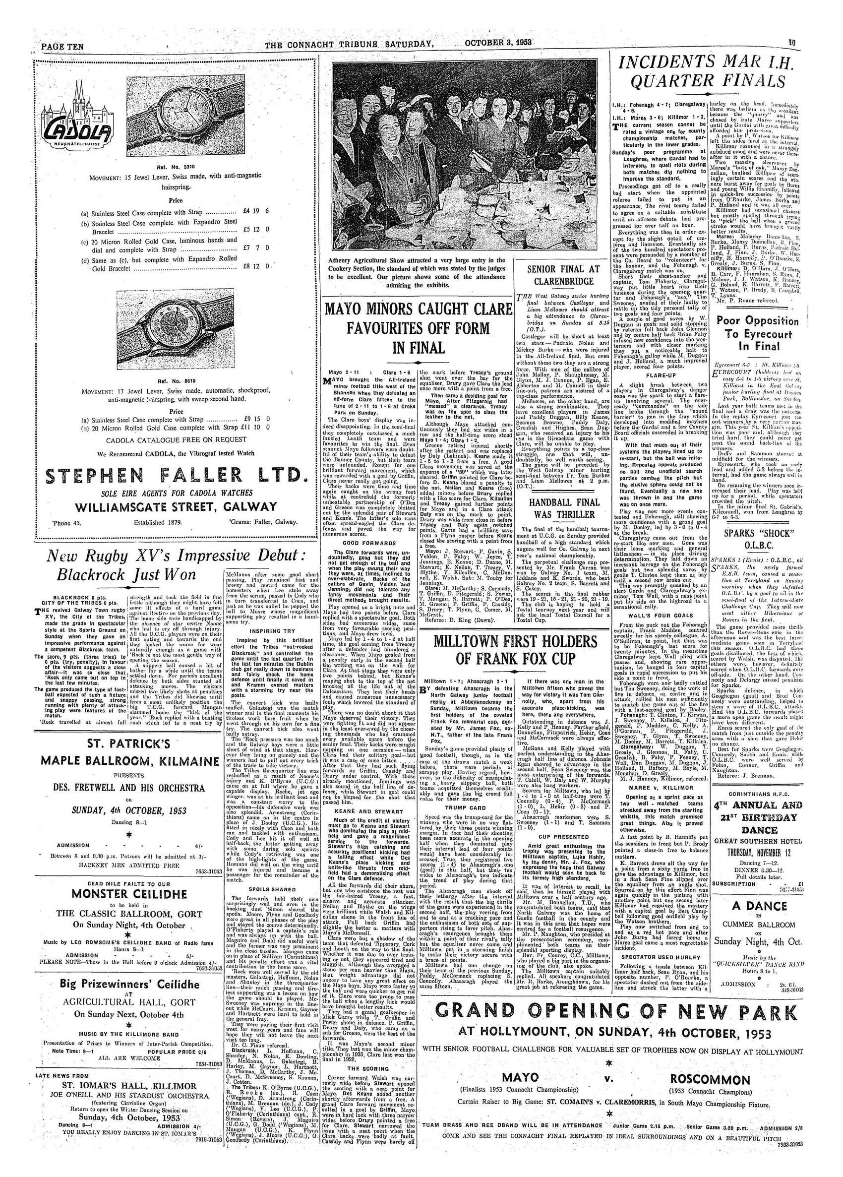 Newspaper page: Connacht Tribune 3 Oct 1953: Fohenagh 4-7, Claregalway 4-6