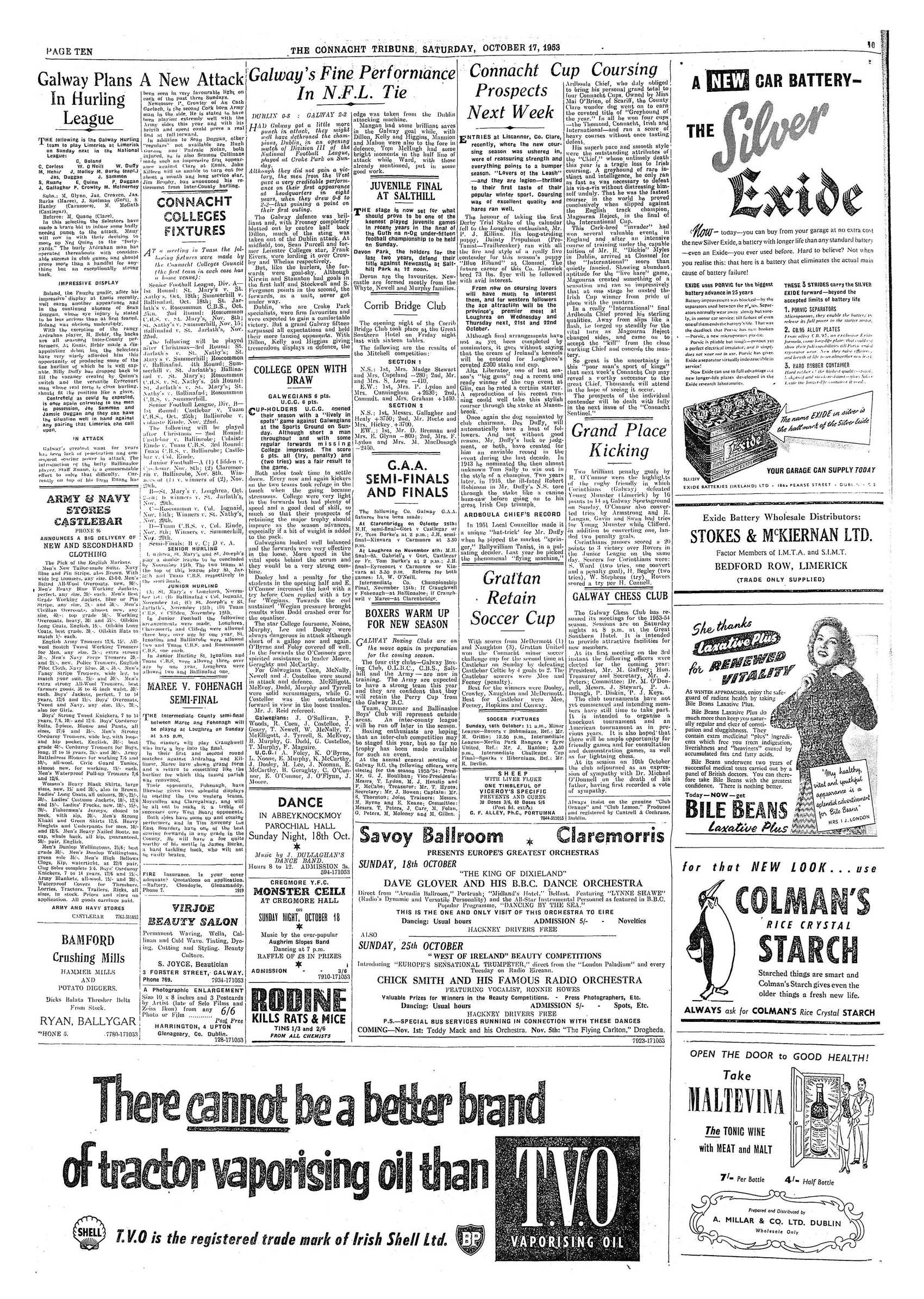 Newspaper page: Connacht Tribune 17 Oct 1953: Maree v Fohenagh semi-final preview