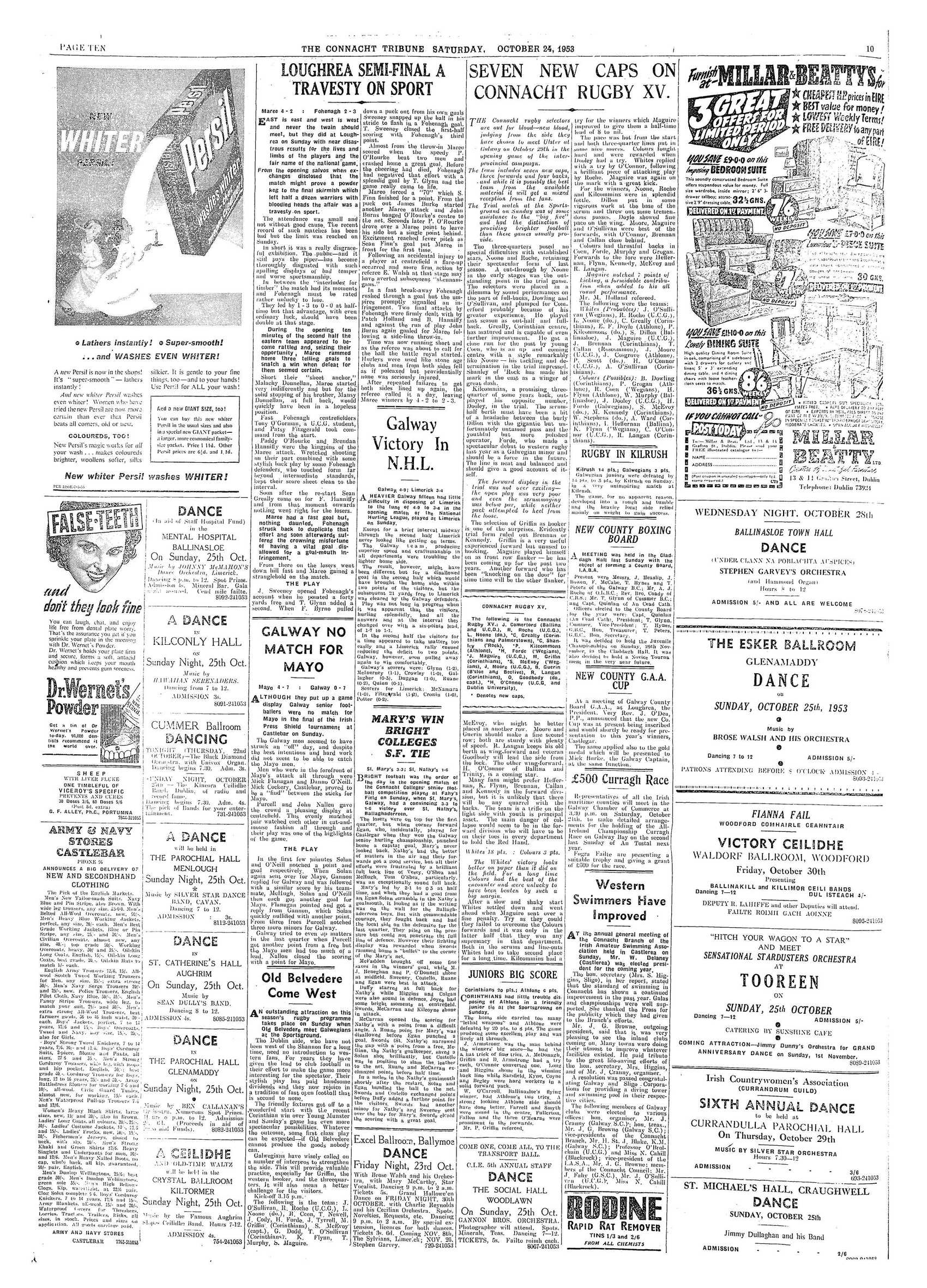 Newspaper page: Connacht Tribune 24 Oct 1953: Maree v Fohenagh report (Tribune reprint)