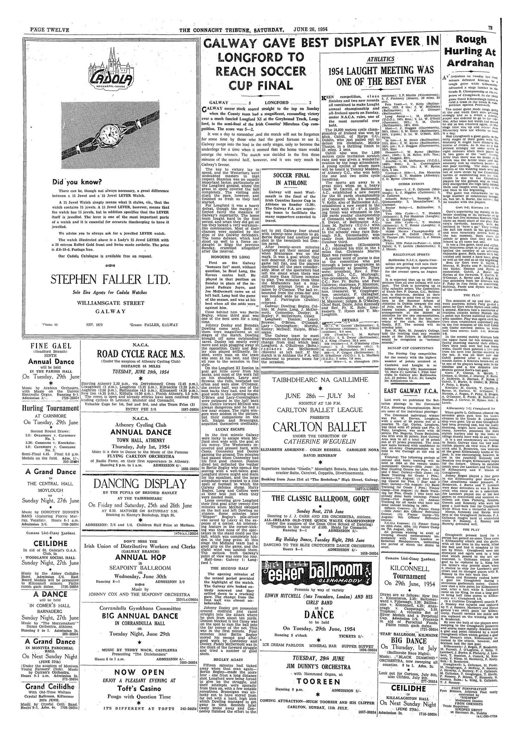 Newspaper page: Connacht Tribune 26 Jun 1954: Ballymacward v Fohenagh, Kilconnell Tournament