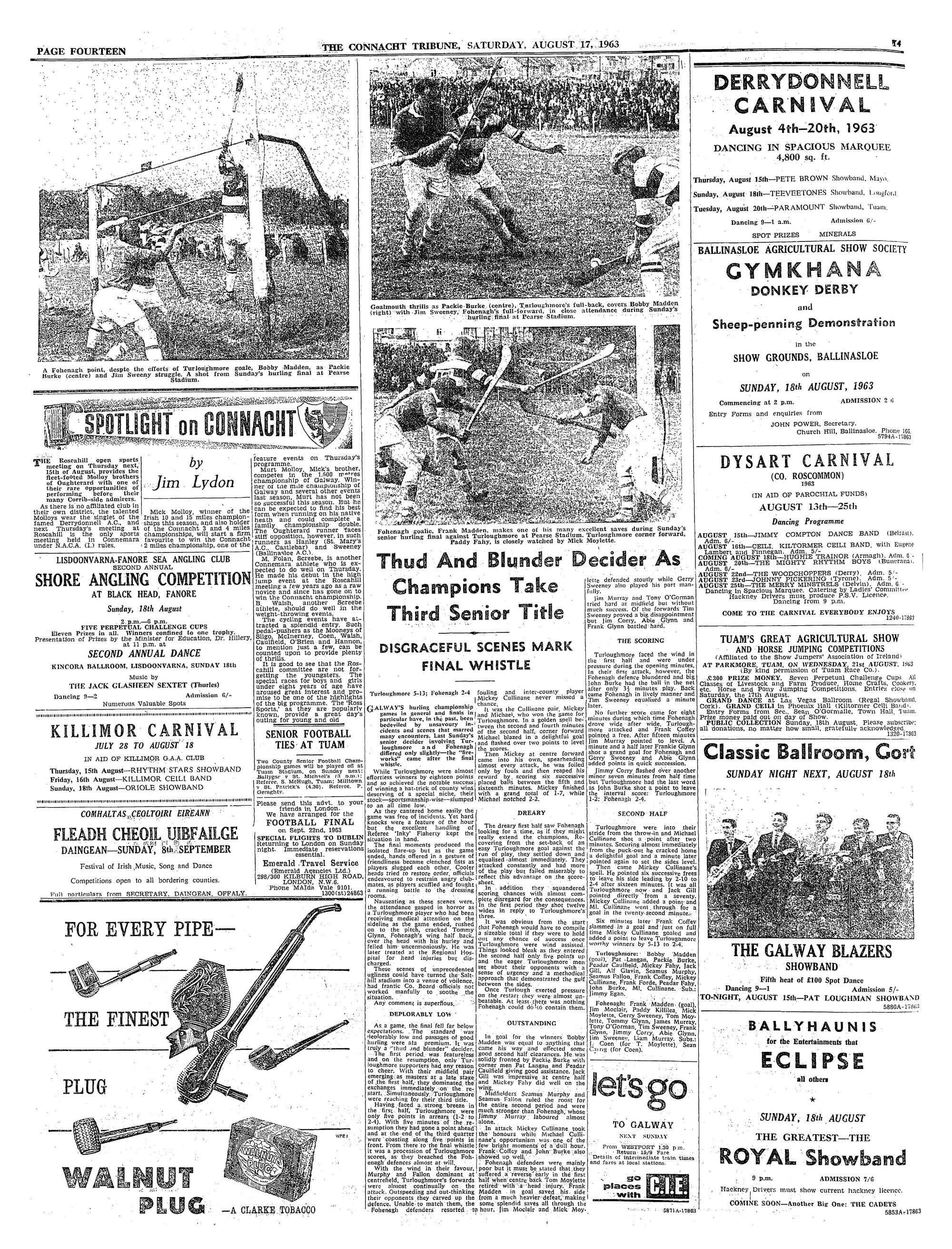 Newspaper page: Connacht Tribune 17 Aug 1963: Packie Burke and Jim Sweeney in the county final