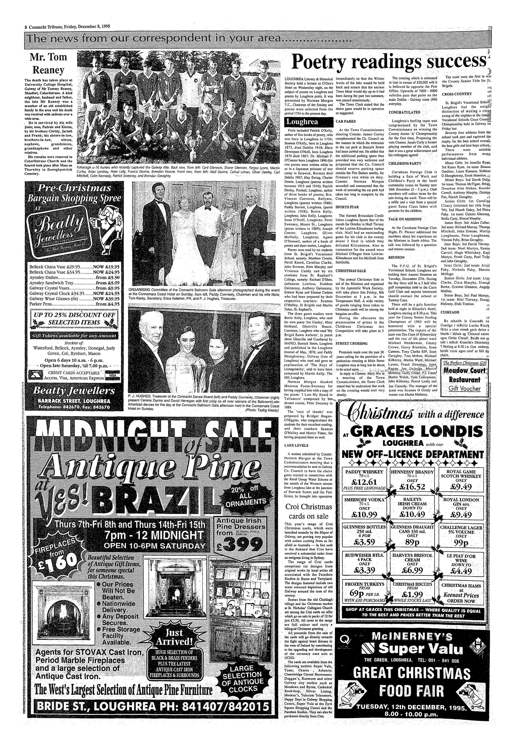 Newspaper page: Connacht Tribune 8 Dec 1995: Fohenagh under-16 hurlers, Galway champions