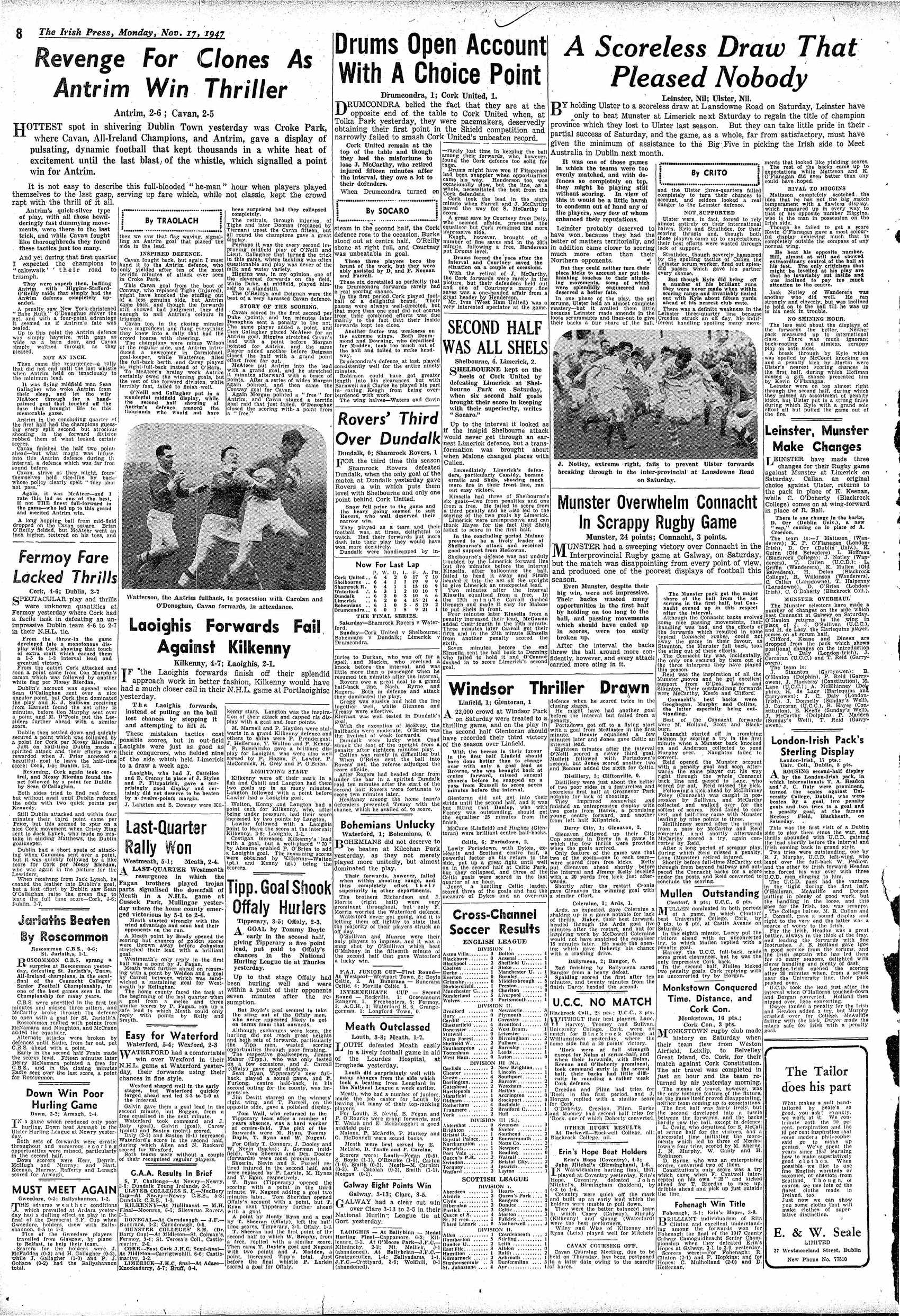 Newspaper page: Irish Press 17 Nov 1947: Fohenagh win the 1947 county camogie title