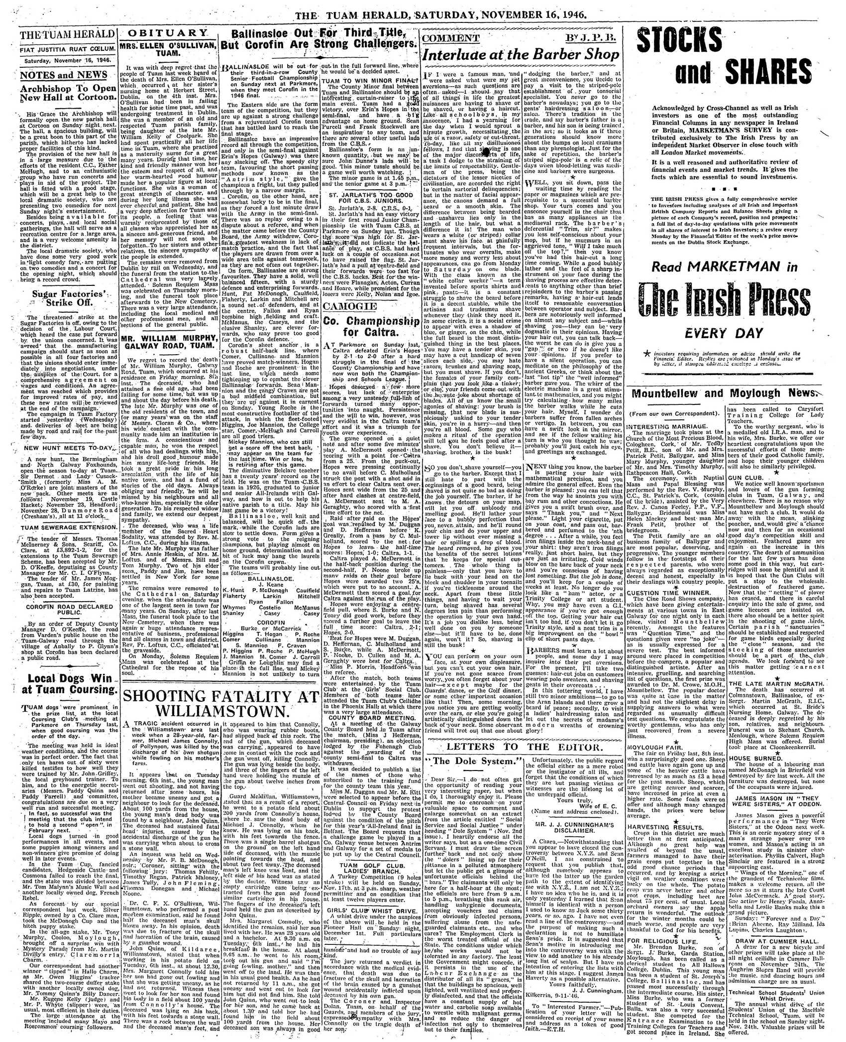 Newspaper page: Tuam Herald 16 Nov 1946: Fohenagh camogie objection withdrawn