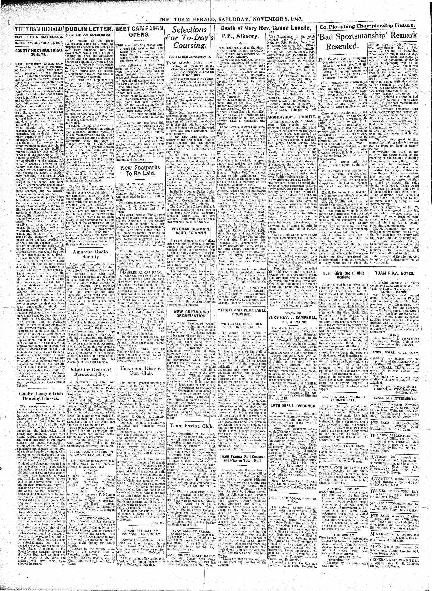 Newspaper page: Tuam Herald 8 Nov 1947: Camogie county final fixed: Fohenagh v Erin's Hope