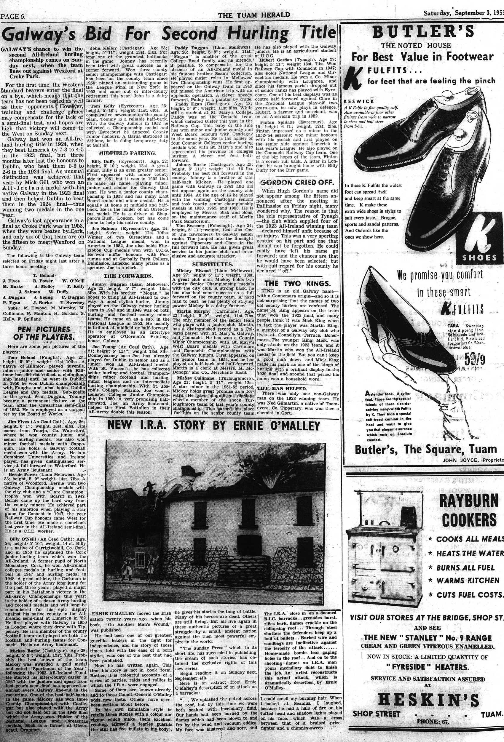 Newspaper page: Tuam Herald 3 Sep 1955: Tim Sweeney (Fohenagh) in the Galway pen-pictures
