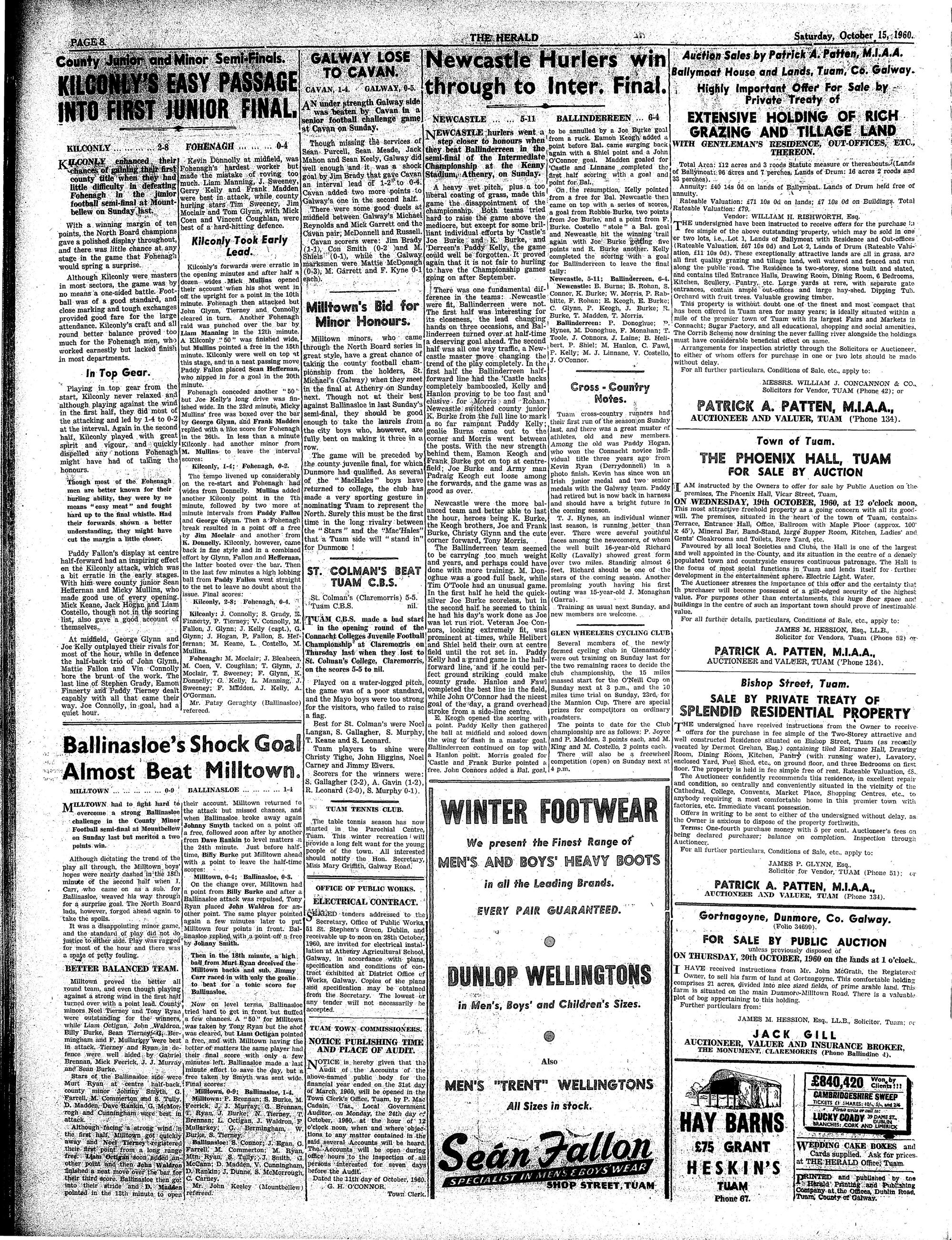 Newspaper page: Tuam Herald 15 Oct 1960: Kilconly 2-8, Fohenagh 0-4 in the junior football semi-final