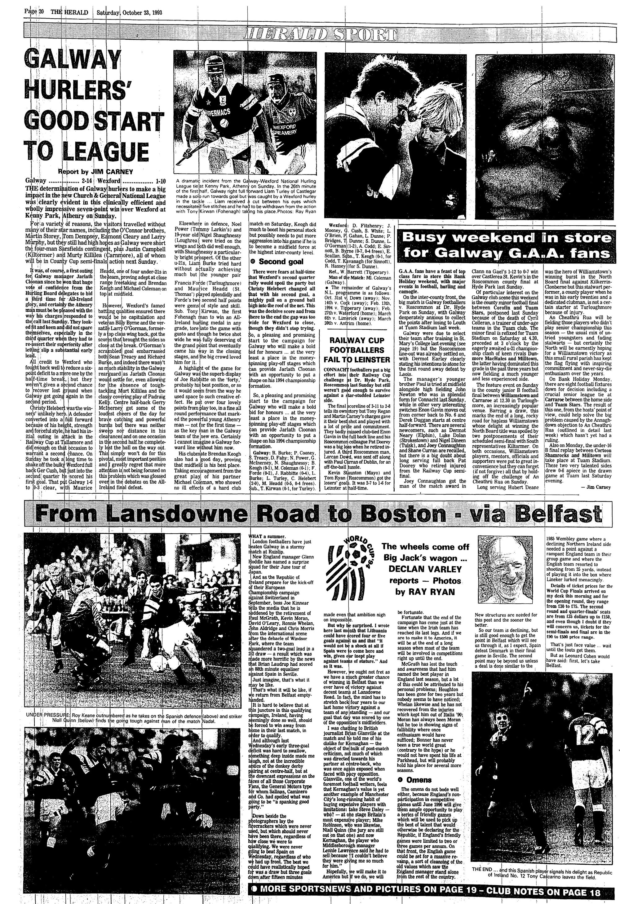 Newspaper page: Tuam Herald 23 Oct 1993: Tony Kirwan, first Fohenagh All-Ireland hurling medal