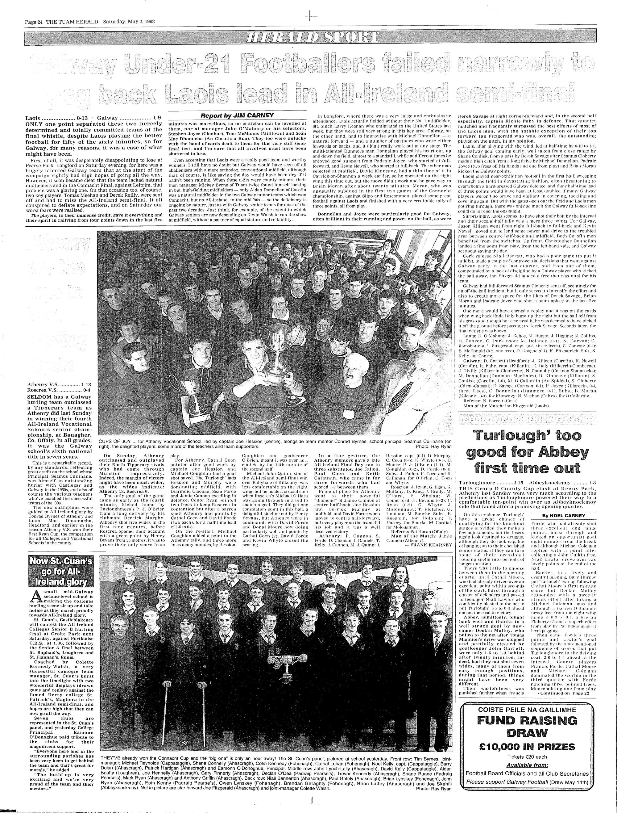 Newspaper page: Tuam Herald 2 May 1998: St Cuan's panel, Cathal Lohan and Colm Kennedy